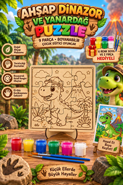 Genç 3D Ahşap Dinazor Ve Yanardağ Puzzle 9 Parça Boyanabilir Çocuk Eğitici Oy...