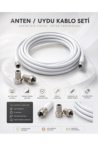 Derwell 18 Metre 4K Full HD Koaksiyel TV Uydu Anten Kablosu Seti - Güçlü Sinyal Aktarımlı Dayanıklı Televizyon Kablosu - Lnb Alıcı Uyumlu Yüksek Kalite Beyaz