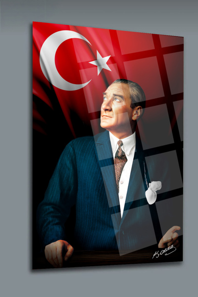 Mgi Design Atatürk Bayrak Cam Tablo | Dekoratif Duvar Tablosu | Solmayan Canl...