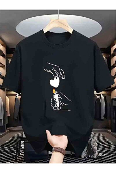 Erkek Kalp ve Çakmak Baskılı Oversize Tişört