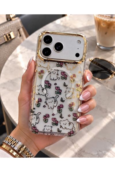 KILIF HOUSE Iphone 17 Pro Max Uyumlu Gold Kamera Çerçeveli Şeffaf Desenli Mag...