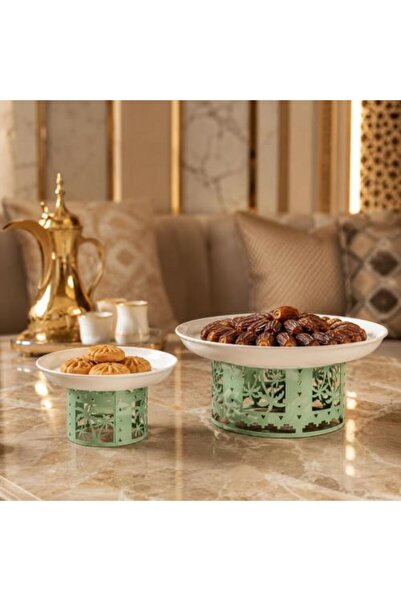Generic Elevated Serving Tray Set 2 Pieces with Palm Engraving - White and Green