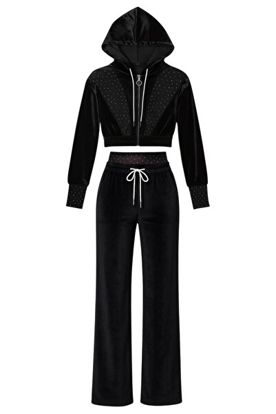 Kadife Parlak Taşlı Crop Hoodie Tasarım Takım