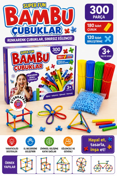 OYUNKAFASI 300 Parça Bambu Çubuklar Yapı ve Birleştirme Oyuncağı 180 Çubuk 12...