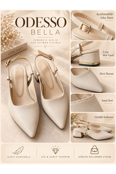 ODESSO Bella Women's Beige Faux Leather Pointed Toe 3 cm Heeled Adjustable Strap Slingback Shoes