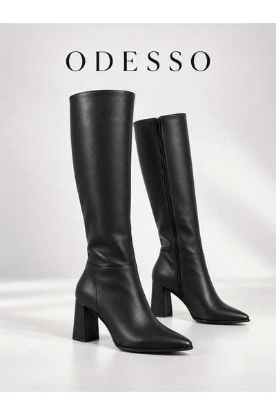 ODESSO Tamara Women's Black Faux Leather Waterproof Warm 7 cm Block Heeled Long Boots