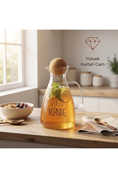 Velluna Home Yuvarlak Mantar Kapaklı Sürahi - 1500 ml - Yüksek Kaliteli Cam