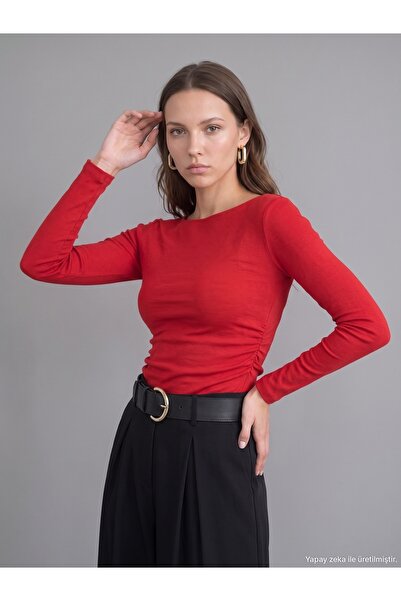 Dilvin 31401 Büzgülü Kayık Yaka Top-K.Kırmızı