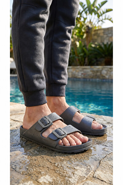 GEZER Two Buckle Adjustable Men's Slippers Suitable for Wet Floors Gray Buckle