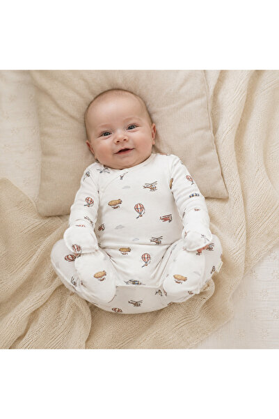 ese bebe Yenidoğan Unisex Bebek Ters Dikişli Uçak Desenli Eldivenli Patikli Ç...