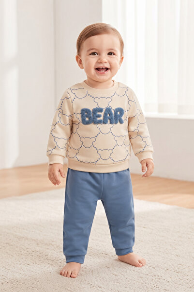 Ceykids Erkek Bebek 2'li Takım 2 İplik Mevsimlik Punch Bear Yazılı 3/6/9/12 A...