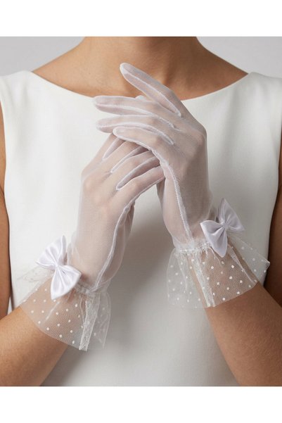 Mortex White Polka Dot and Bow Detailed Tulle Short Women's Gloves – Accessory for Wedding, Engagement, Nikkah, Henna Night, Prom, Event, Party, Costume, Graduation, Bachelorette, and Photo Shoot
