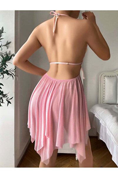 Kadın Pembe Kelebek Detaylı Tül Fantezi Gecelik 2296