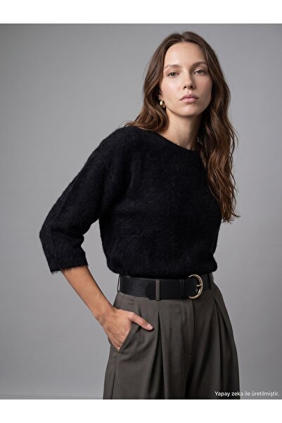Dilvin 10852 Crew Neck Soft Textured Sweater-Black