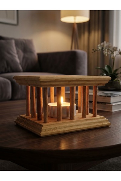 Doğal Ahşap Anıt Mumluk - Dekoratif Sütunlu Tealight Şamdan - 15x12x6,5 cm