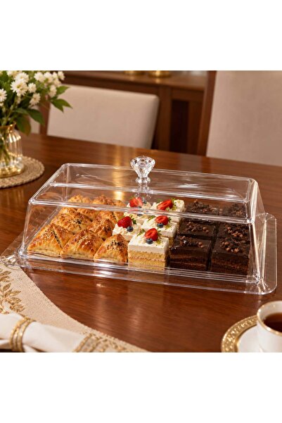 Generic صينية تقديم الكيك والحلويات مستطيلة الشكل من الأكريليك مع غطاء شفاف 40×22 سم