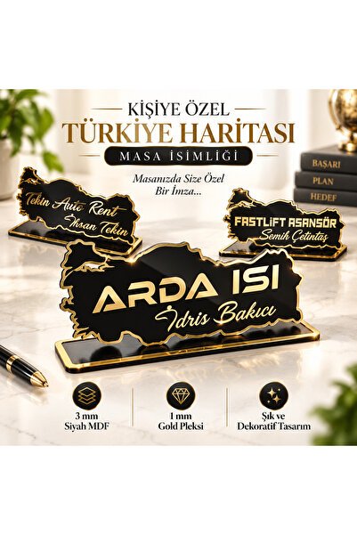 Genel Markalar Kişiye Özel Türkiye Haritalı Siyah Ahşap Üzeri Pleksi Masaüstü...