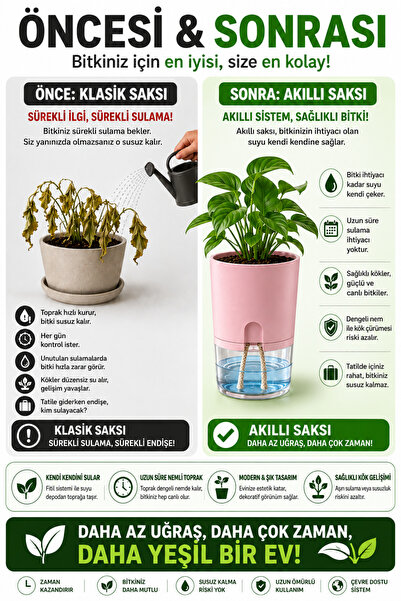 ByKurt Akıllı Saksı Kendi Kendini Sulayan Fitilli Modern Dekoratif Pembe Saksı 2 Litre