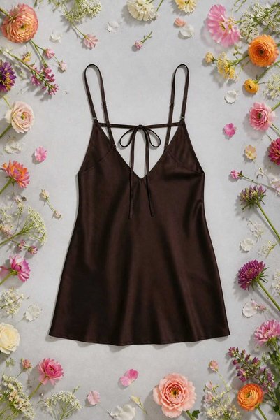 hies Aci Brown Color Satin Nightgown with Lace Detail on the Chest