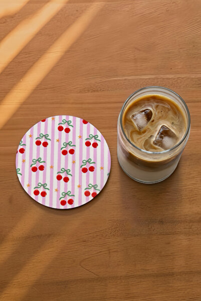 Cool Stuff Studio Cherry Patterned Pink Striped Coaster