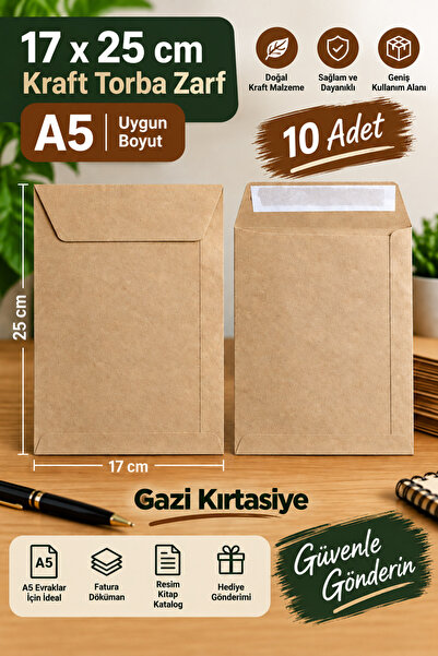 Gazi Kırtasiye Torba Zarf Kraft 17x25 cm - A5 | 10 Adet | Yapışkan Kapaklı | ...