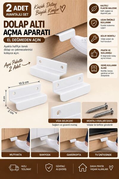 BRE HOME 2 Adet Beyaz Dolap Altı Açma Aparatı – Avantajlı Set Ayakla Açılan H...