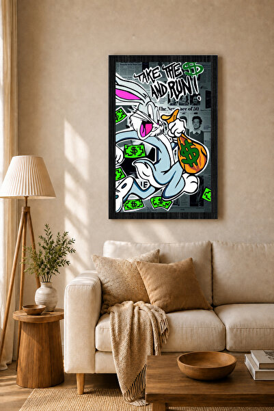 HOPE DİZAYN Take The Money Tavşan ve Para Temalı Pop Art Çerçeve Görünümlü MD...