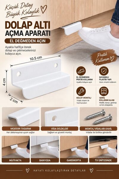 BRE HOME Beyaz Dolap Altı Çekmece Açma Aparatı – Ayakla Açılan Hijyenik Tutam...