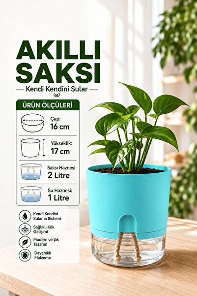 ByKurt Akıllı Saksı Kendi Kendini Sulayan Fitilli Modern Dekoratif Turkuaz Saksı 2 Litre