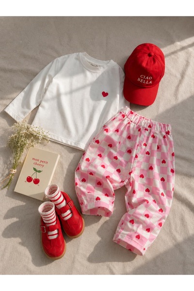 RÜYA KİDS Girl's oversized pinterest style heart print outfit set, ages 2-3 / 7-8