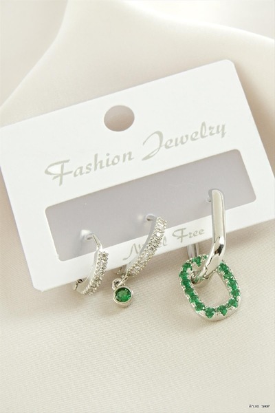 ZERO LAND Ilkestor 3 Pieces Oval Zircon Stone Earrings (21215) Silver Color