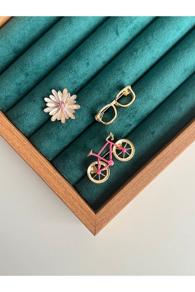 BusradanDesign Kadın Gold Pembe Bisiklet Çiçek ve Gözlük Figürlü Broş Set – Ş...