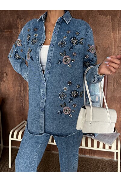 MİA NOURA KADIN ÖNÜ BONCUK İŞLEMELİ DENIM OVERSİZE KALIP GÖMLEK