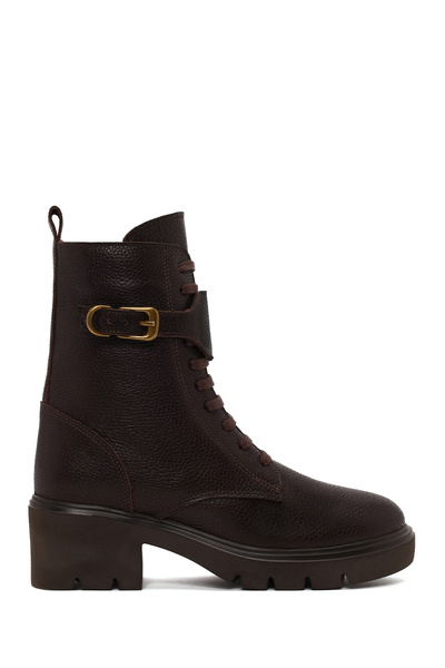 Derimod Women's Brown Zippered Thick Heeled Leather Boots Wf180025Df