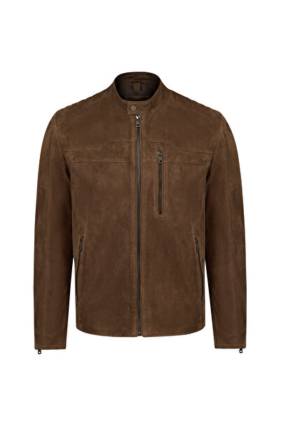 Derimod Ronaldo Men's Tan Zippered Suede Leather Jacket 26Wgd661410