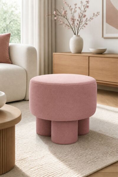 MEFAKS TEKSTİL 3 Ayak Boru Formlu Yuvarlak Puf Baby Face Kumaş 40x40x40 cm Pembe