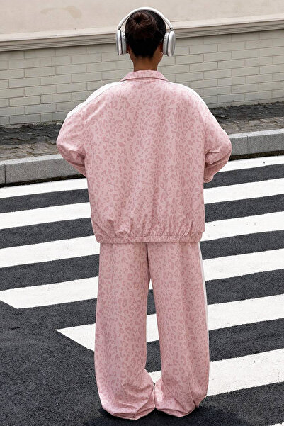 İlayda Toprak Jagu Pink Leopard Patterned Striped Oversize Zippered Stand Collar Pocketed Jacket Tracksuit Sportswear 2-Piece Bottom - Top Set