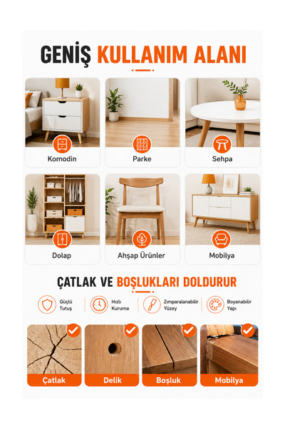 Elysian Ahşap Dolgu Macunu Profesyonel Mobilya Duvar Tamir Macunu MDF Sunta Masif Ahşap Çatlak Delik Çizik Kapatma Dolgu Onarım Macunu 200 Gr