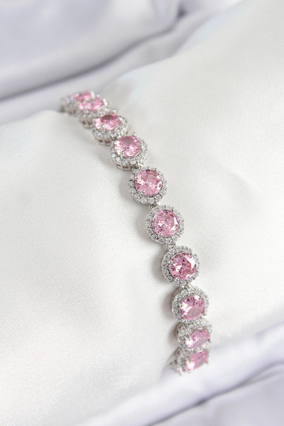 ARMÜZ Brass Pink Zircon Stone Circle Baguette Model Silver Color Vip Series W...