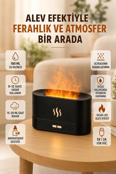 ARMÜZ Ultrasonic Aromatherapy Diffuser with 180 ml Tank and Decorative Flame Effect Humidifier