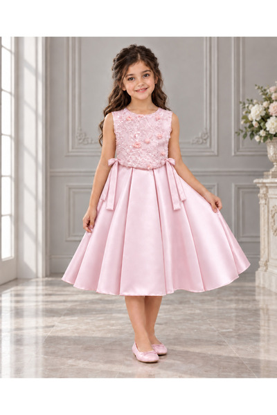 Generic Brand Girls Pink Princess Dress with 3D Flowers and Glitter Details