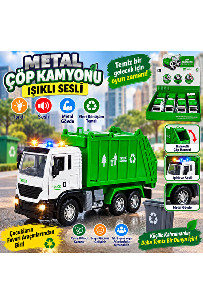 TRUST STORE Metal Işıklı Sesli Çöp Kamyonu Oyuncak Geri Dönüşüm Temalı Hareke...