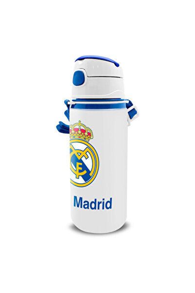Real Madrid Μπουκάλι αλουμινίου Emblem με καλαμάκι και καραμπίνερ 600 ml