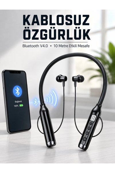 ARMÜZ Kablosuz Bluetooth Boyun Kulaklığı 10 Metre Menzilli Mikrofonlu Ses Kontrollü Uzun Kullanım Süreli K
