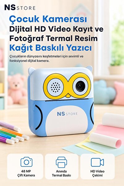 NS Store Çocuklar İçin Dijital Kamera Termal Yazıcılı Anında Baskılı HD Fotoğraf Video Kayıt Mavi Pembe Oyunc