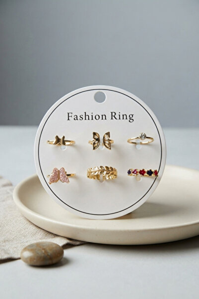 callerrons accessories Gold Color Brass Butterfly Detailed 6-Piece Ring Set B...