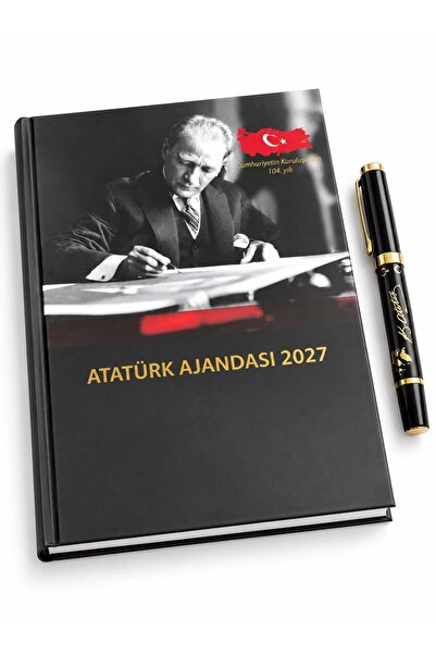Halk Kitabevi Kişiye Özel 2027 Atatürk Ciltli Ajanda ve Yaldızlı Kabartmalı Kalem Y35