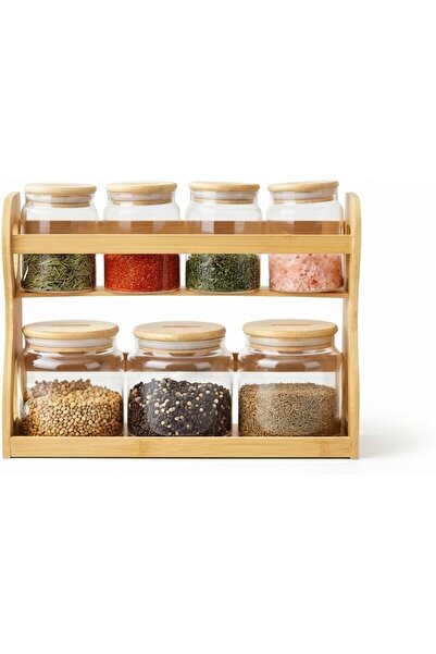 Generic 2-Tier Bamboo Spice Rack Organizer with 7 Mixed-Size Airtight Glass J...