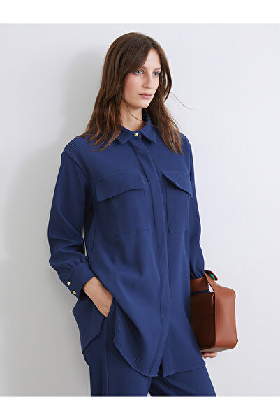LC Waikiki Nevavm Lcw Modest Navy Blue Textured Oversize Women's Shirt Tunic ...