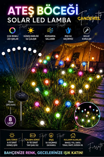 Canderel RGB 8 Led'li Güneş Enerjili Ateş Böceği Çiçek Lamba Solar Led Bahçe ...